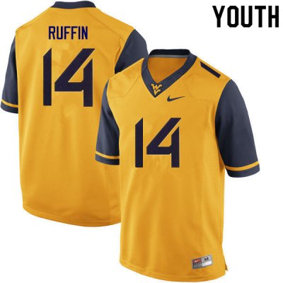 Youth West Virginia Mountaineers NCAA #14 Malachi Ruffin Gold Authentic Nike Stitched College Football Jersey KA15N02HO